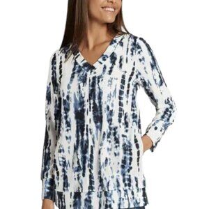 Ellen Tracy Womens V- Neck Blue White Long Sleeve Tie Dye Tunic NWT  Size S